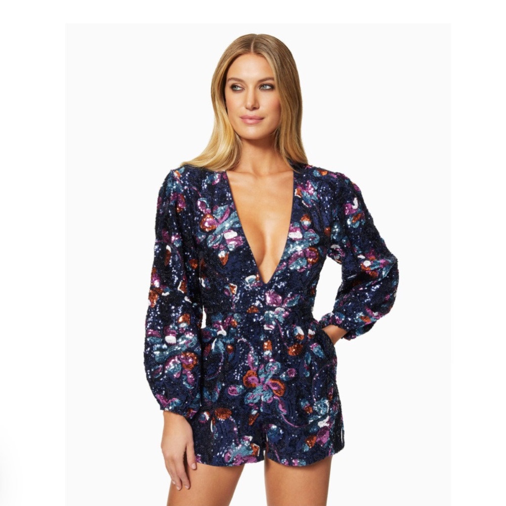 Ramy Brook Sequin Floral Jumpsuit - Blue and Pink